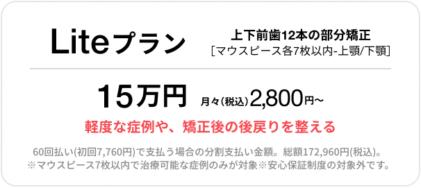 Basicプラン、上下前歯12本の部分矯正、33万円、月々(税込)3,500円〜