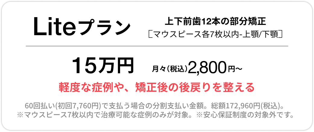 Basicプラン、上下前歯12本の部分矯正、33万円、月々(税込)3,500円〜