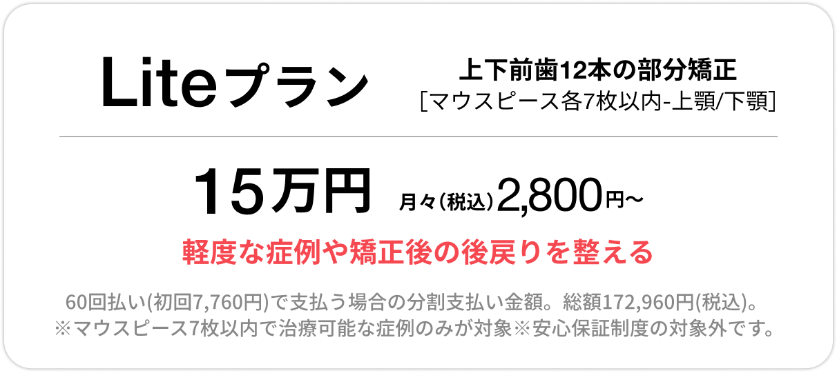 Basicプラン、上下前歯12本の部分矯正、33万円、月々(税込)3,500円〜